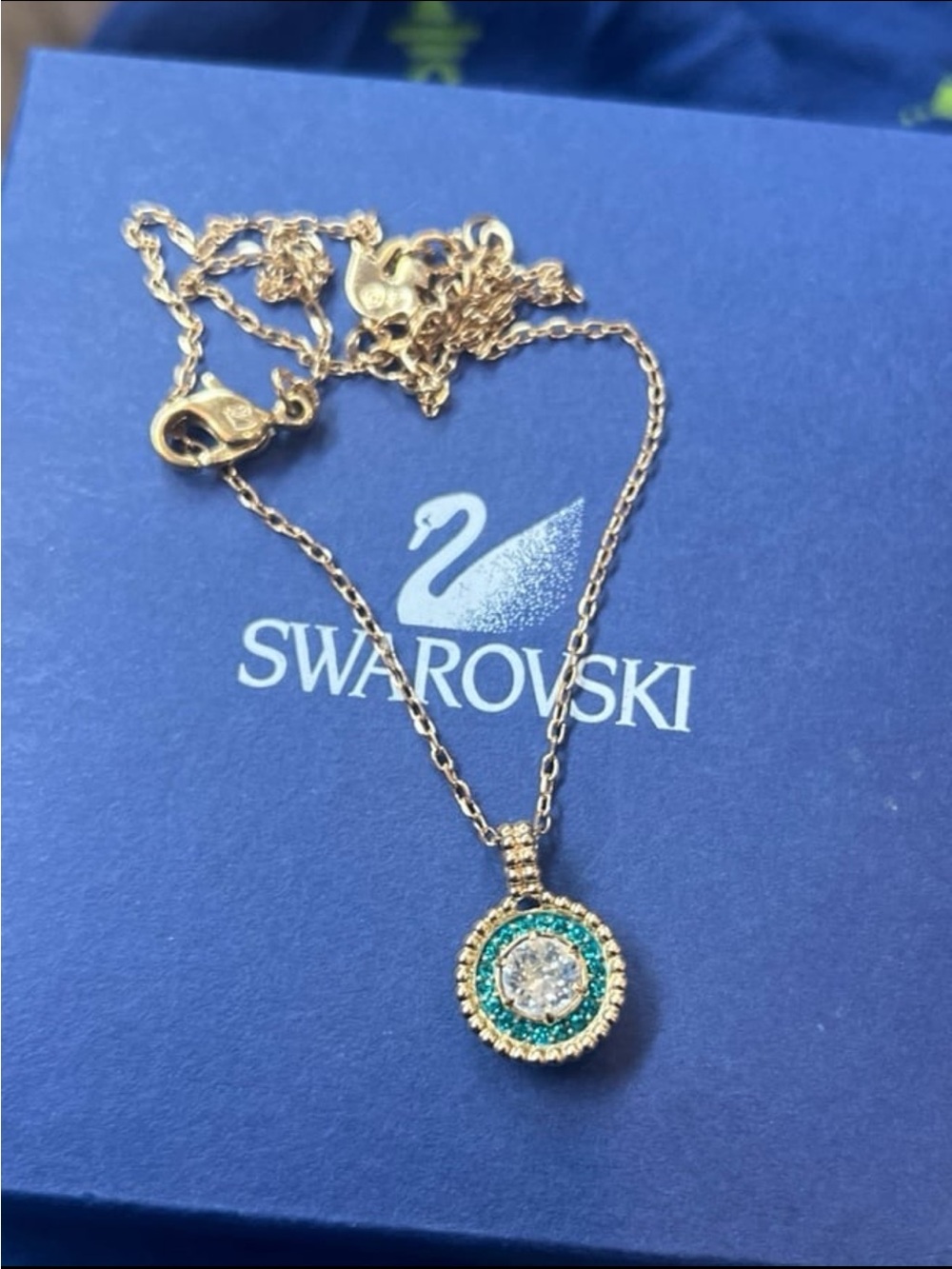 Swarovski Oxygen brazelete Rose Gold Blue and Clear Crystal Halo Pendant necklac